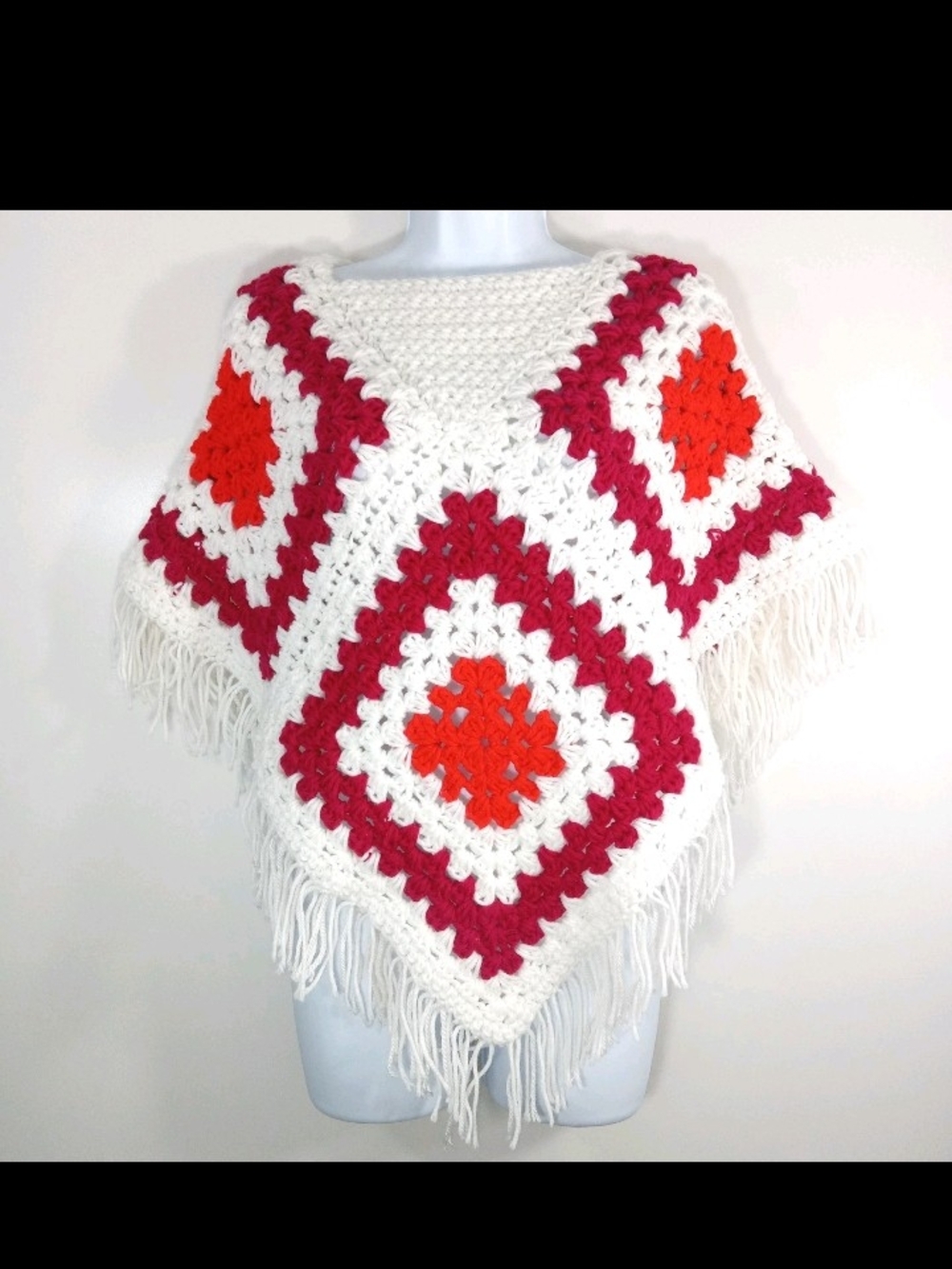 Vtg Handmade White, Red & Orange Crochet Fringe Poncho